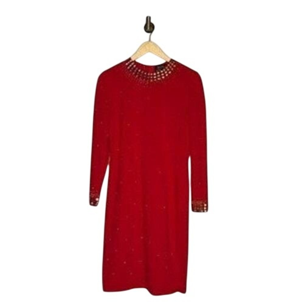 Vintage Don Sayres Red Embellished Knit Dress Womens 12 Metallic Studded